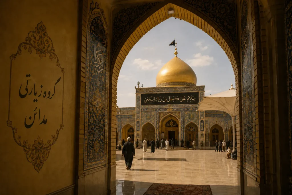 نمایی از مرقد کمیل بن زیاد در نزدیکی نجف با فضای زیارتی و معماری مذهبی